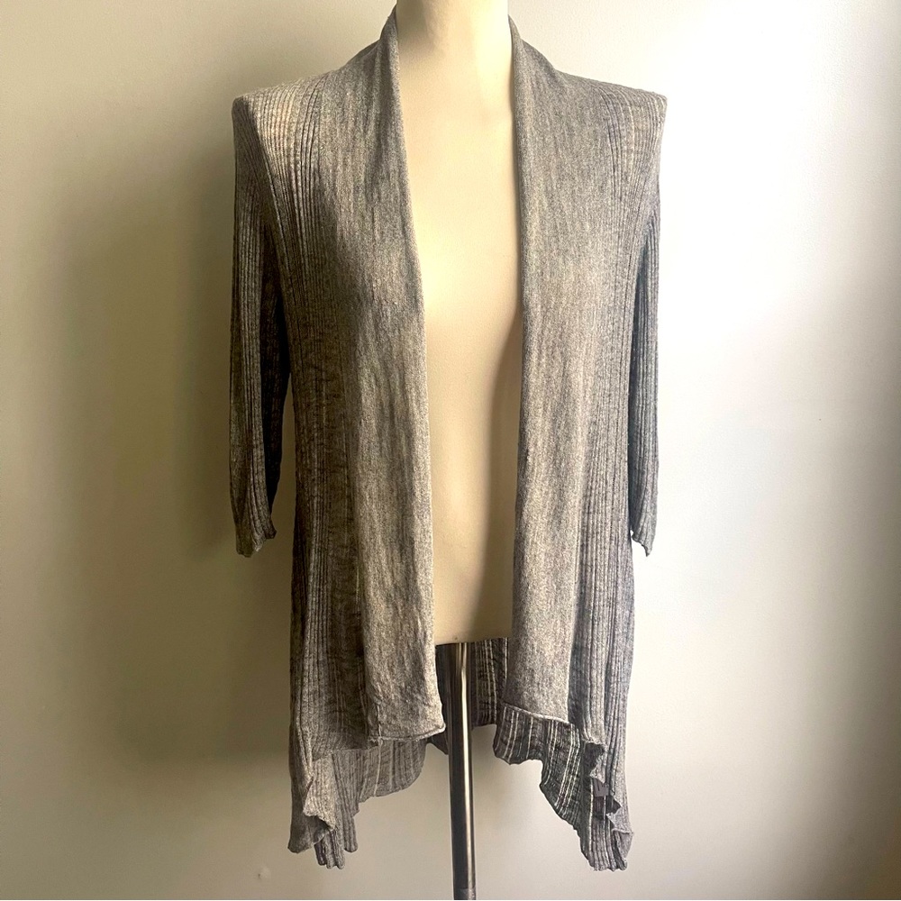 Eileen Fisher Waterfall Knit Linen Blend Gray Cardigan Sweater 3/4 Sleeve Small